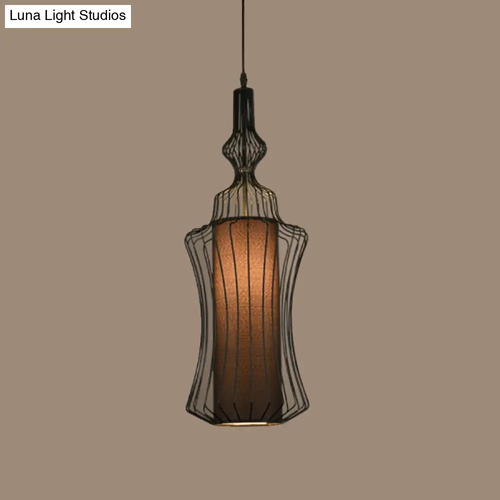 Gourd Shaped Iron Pendant Light - Retro Dining Room Ceiling Hanging Lantern With Black Fabric Shade