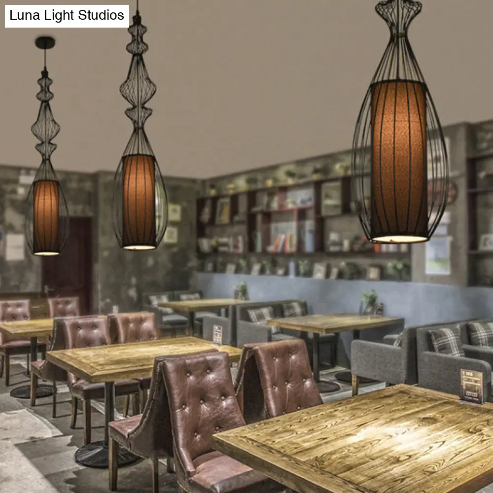 Gourd Shaped Iron Pendant Light - Retro Dining Room Ceiling Hanging Lantern With Black Fabric Shade