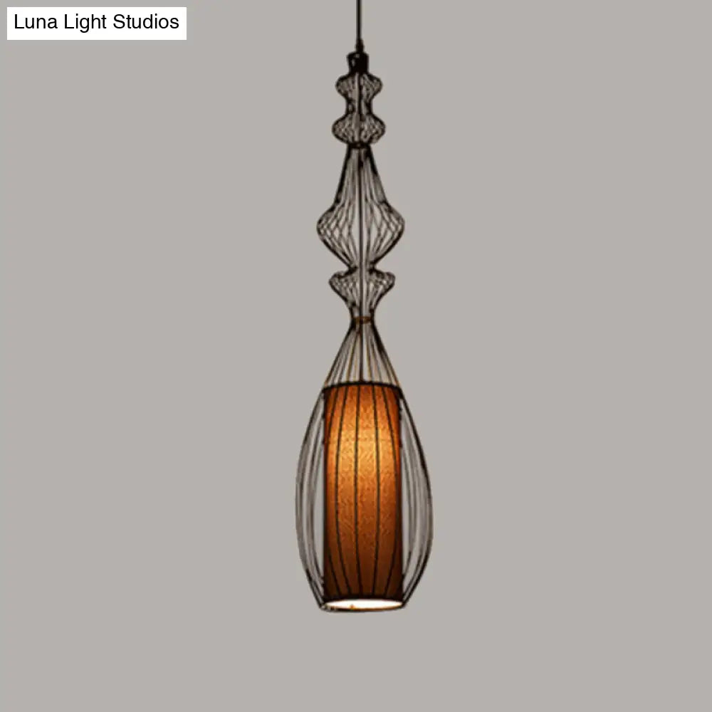 Gourd Shaped Iron Pendant Light - Retro Dining Room Ceiling Hanging Lantern With Black Fabric Shade