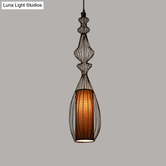 Gourd Shaped Iron Pendant Light - Retro Dining Room Ceiling Hanging Lantern With Black Fabric Shade