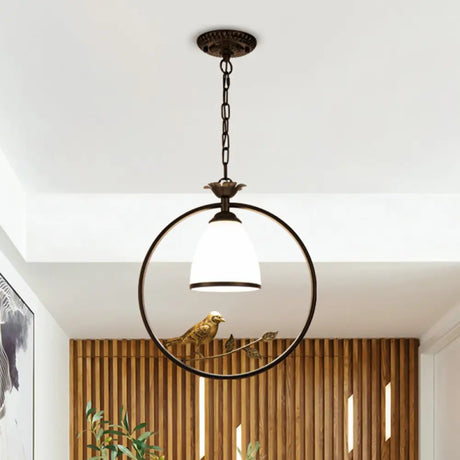 Retro Handblown Glass Ceiling Light With Bird And Branch Decor - Dining Room Hanging Pendant In