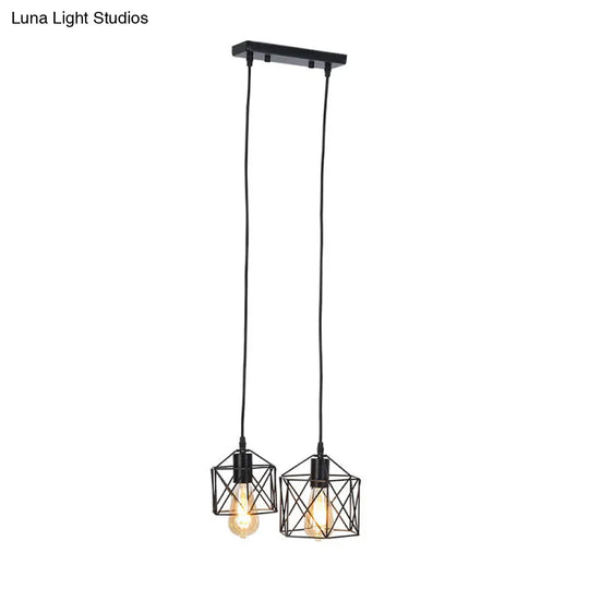 Hexagon Frame Multi Pendant Retro Style Black Metal Ceiling Hang Fixture With 2 Lights