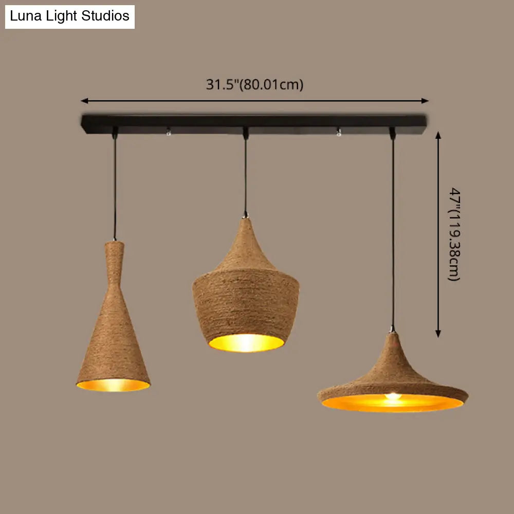 Retro Industrial 3-Light Beige Rope Pendant For Dining Room