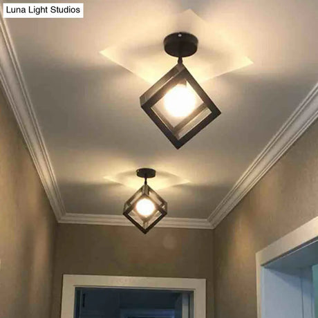 Retro Industrial Ceiling Light Fixture With Wrought Iron Frame - Black