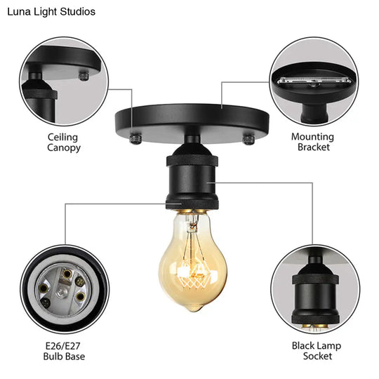 Retro Industrial Metal Black/Brass Finish Ceiling Lighting - Exposed Bulb Semi Flush Mount Light
