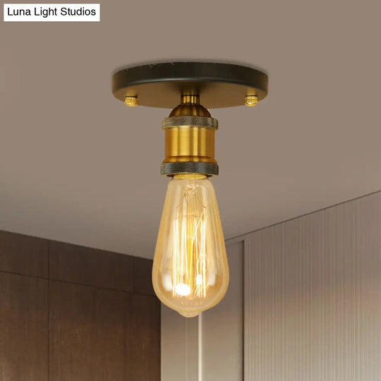 Retro Industrial Metal Black/Brass Finish Ceiling Lighting - Exposed Bulb Semi Flush Mount Light For