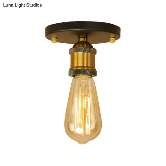Retro Industrial Metal Black/Brass Finish Ceiling Lighting - Exposed Bulb Semi Flush Mount Light For