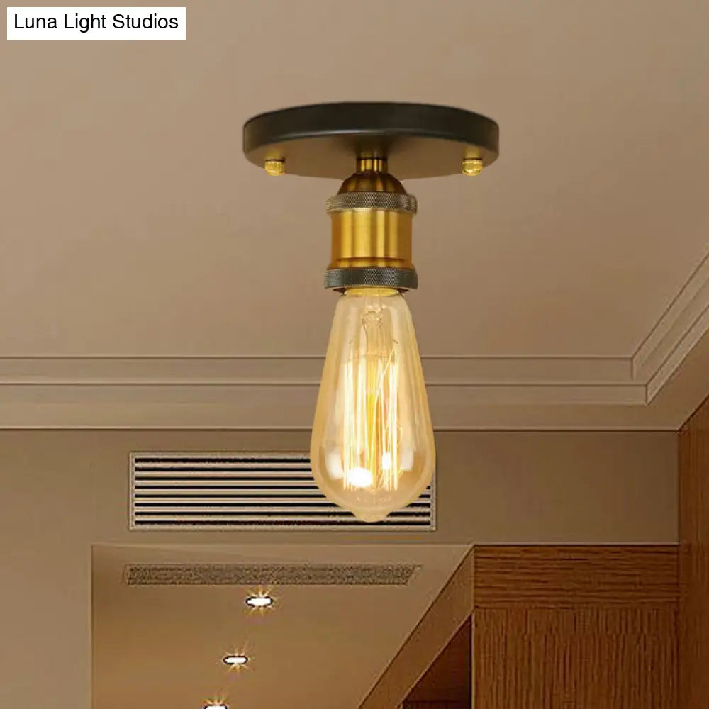 Retro Industrial Metal Black/Brass Finish Ceiling Lighting - Exposed Bulb Semi Flush Mount Light For