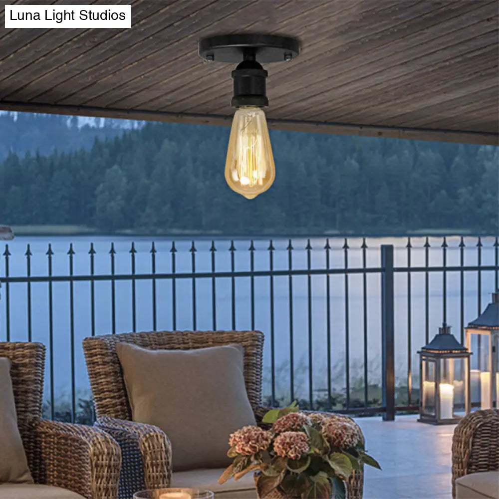 Retro Industrial Metal Black/Brass Finish Ceiling Lighting - Exposed Bulb Semi Flush Mount Light For