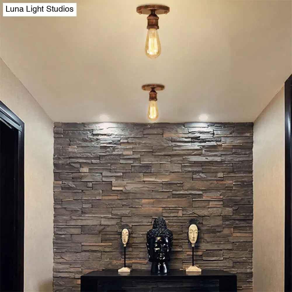 Retro Industrial Metal Black/Brass Finish Ceiling Lighting - Exposed Bulb Semi Flush Mount Light For