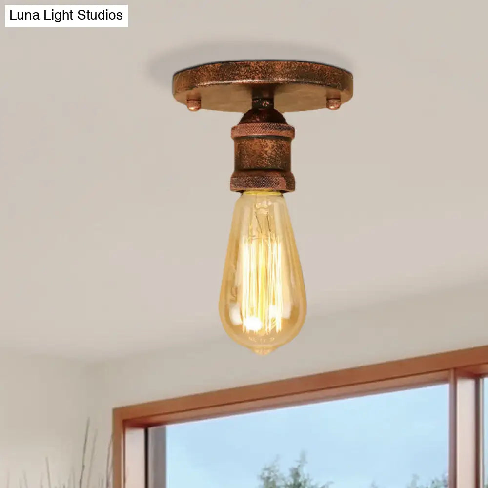Retro Industrial Metal Black/Brass Finish Ceiling Lighting - Exposed Bulb Semi Flush Mount Light For