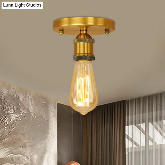 Retro Industrial Metal Black/Brass Finish Ceiling Lighting - Exposed Bulb Semi Flush Mount Light