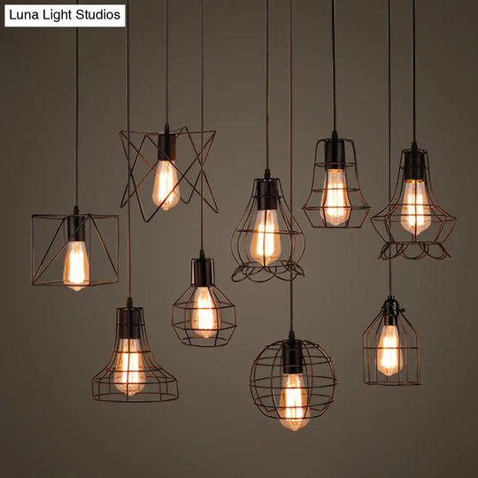 Retro Industrial Metal Cage Pendant Light Fixture - 1-Light Ceiling Hanging For Restaurants