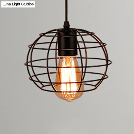 Retro Industrial Metal Cage Pendant Light Fixture For Restaurants - 1-Light Ceiling Hanging Lamp