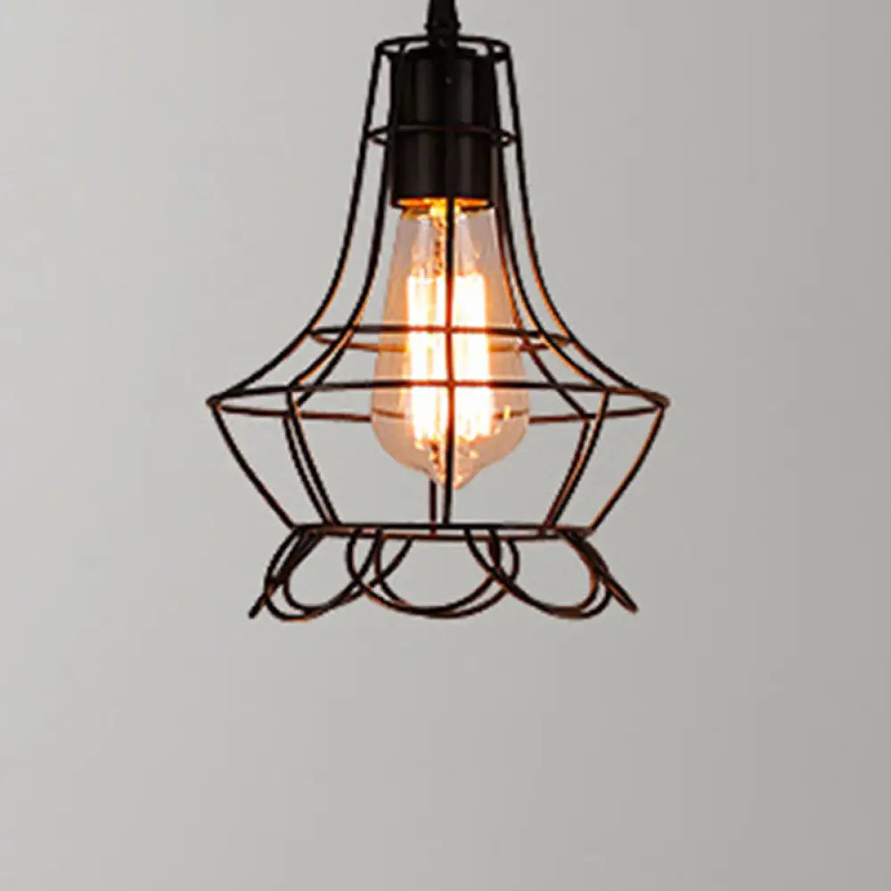 Retro Industrial Metal Cage Pendant Light Fixture - 1-Light Ceiling Hanging For Restaurants Black /