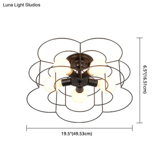 Retro Industrial Metal Ceiling Mounted Flower Semi Flush Light Fixture For Bedroom