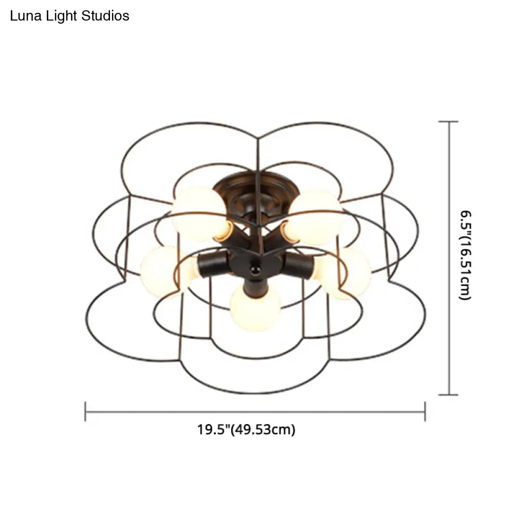 Retro Industrial Metal Ceiling Mounted Flower Semi Flush Light Fixture For Bedroom