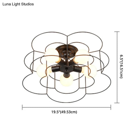 Retro Industrial Metal Ceiling Mounted Flower Semi Flush Light Fixture For Bedroom