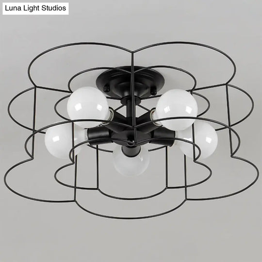 Retro Industrial Metal Ceiling Mounted Flower Semi Flush Light Fixture For Bedroom