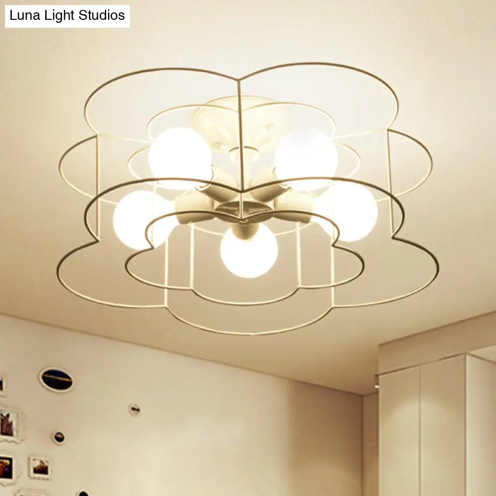 Retro Industrial Metal Ceiling Mounted Flower Semi Flush Light Fixture For Bedroom White