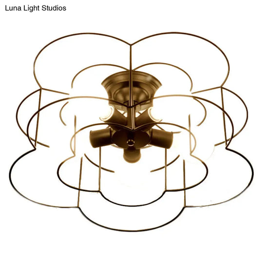 Retro Industrial Metal Ceiling Mounted Flower Semi Flush Light Fixture For Bedroom