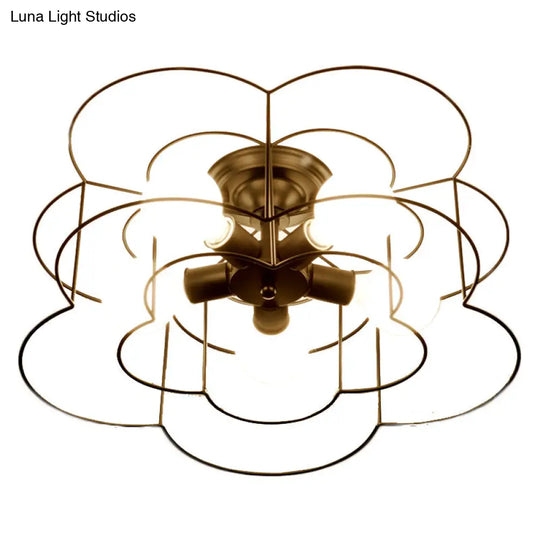 Retro Industrial Metal Ceiling Mounted Flower Semi Flush Light Fixture For Bedroom