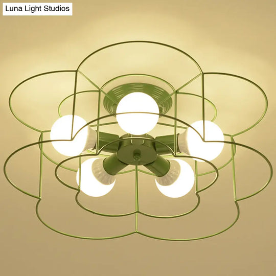 Retro Industrial Metal Ceiling Mounted Flower Semi Flush Light Fixture For Bedroom Green