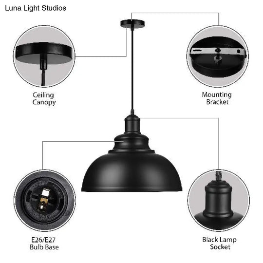 Industrial Black Metal Ceiling Pendant With Retro Bowl Shade - Perfect For Living Room Suspension