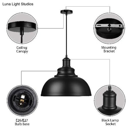 Retro Industrial Metal Ceiling Pendant With Black Finish Bowl Shade - Stylish Suspension Light For