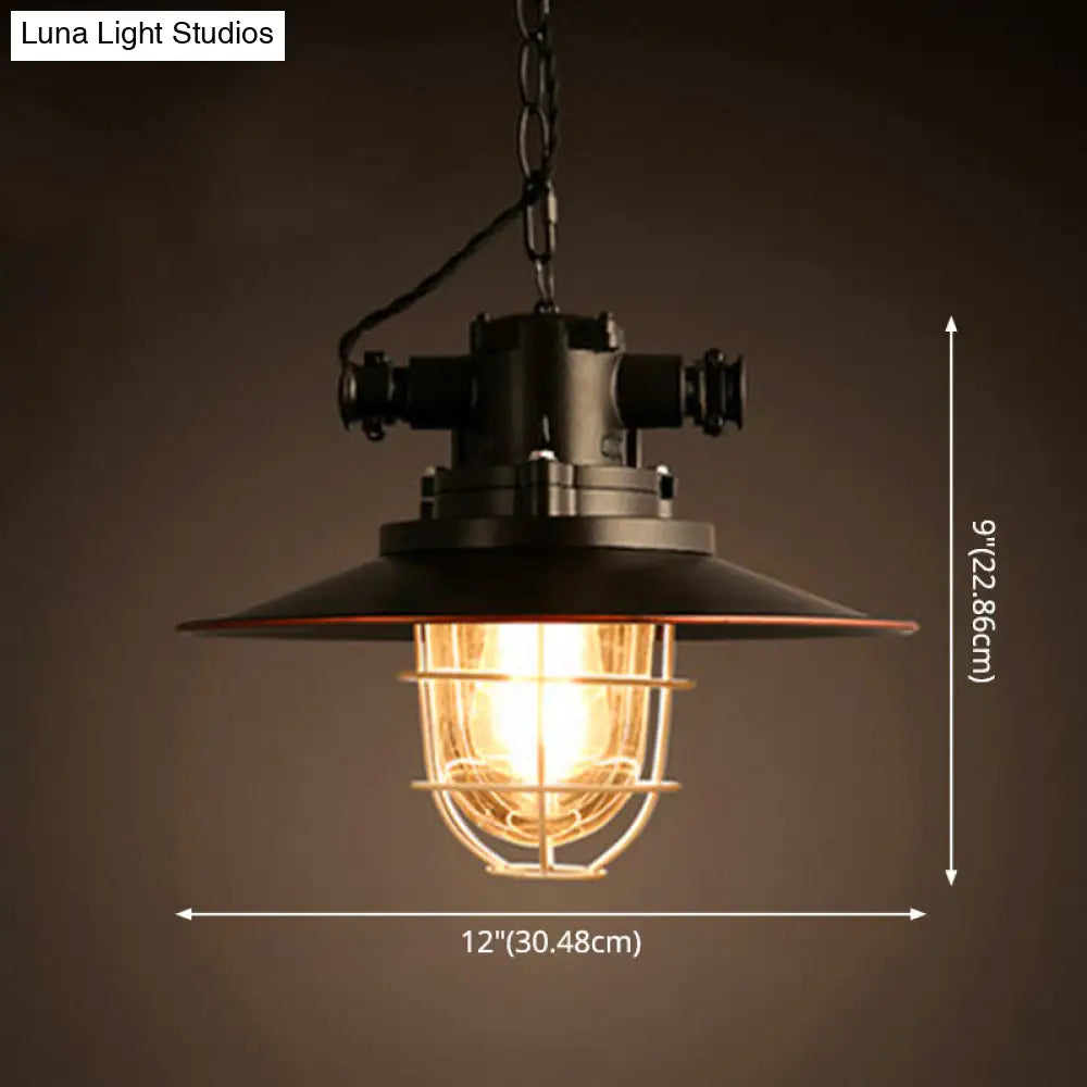 Retro Industrial Metal Hanging Light Kit - 1 Caged Pendant With Chain Perfect For Restaurants