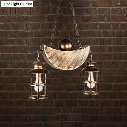 Retro Industrial Caged Pendant Chandelier - Metal 2 Lights Gold/Silver Hanging Fixture For Living