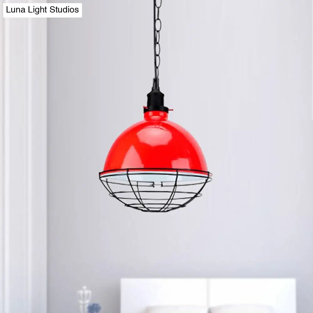 Retro Industrial Metal Pendant Light - Bowl Shade 1 Bulb Multiple Colors Wire Guard And Chain