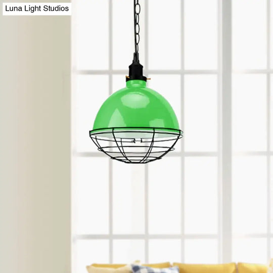 Retro Industrial Metal Pendant Light - Bowl Shade 1 Bulb Multiple Colors Wire Guard And Chain