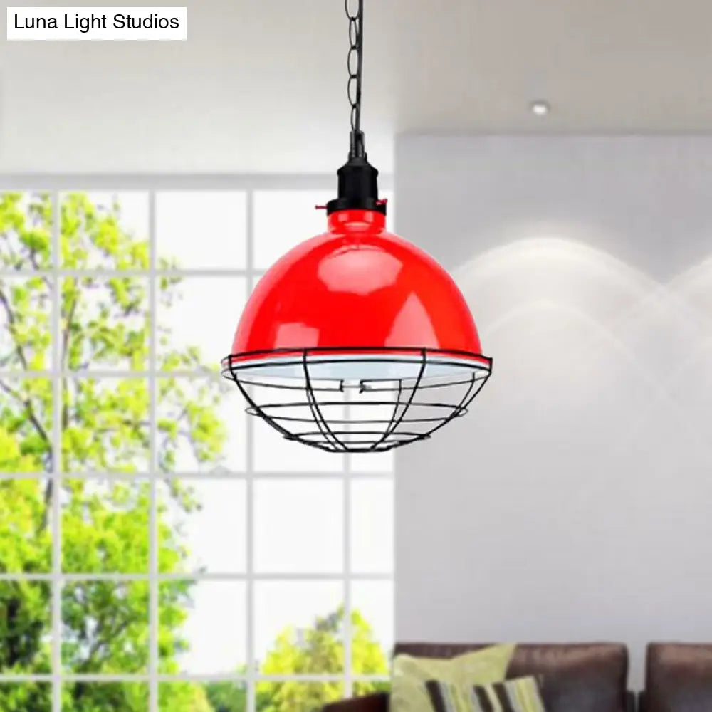 Retro Industrial Metal Pendant Light - Bowl Shade 1 Bulb Multiple Colors Wire Guard And Chain