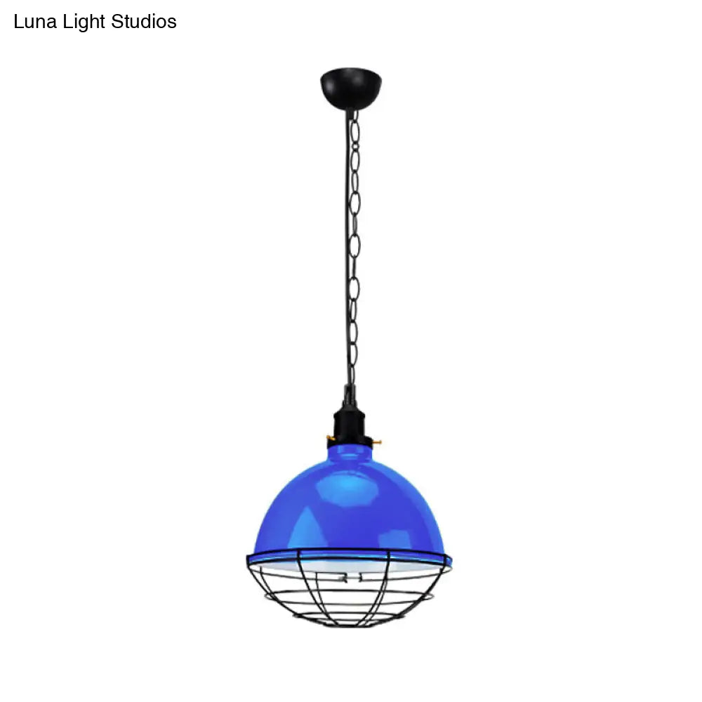 Retro Industrial Metal Pendant Light - Bowl Shade 1 Bulb Multiple Colors Wire Guard And Chain