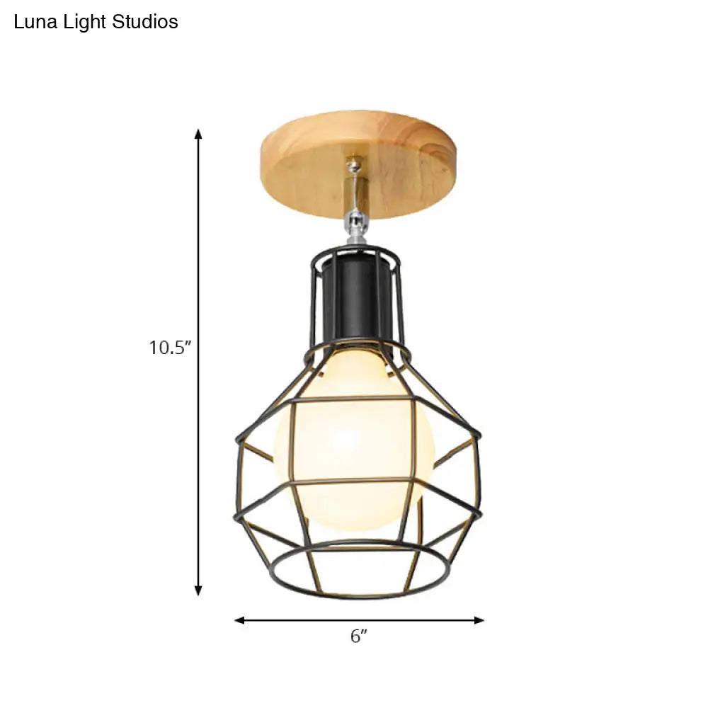 Retro Industrial Metal Semi Flush Light: Mini Triangle/Urn Design With Wire Guard - 1 Head Bedroom
