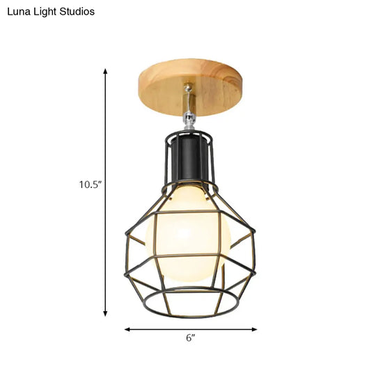 Retro Industrial Metal Semi Flush Light: Mini Triangle/Urn Design With Wire Guard - 1 Head Bedroom