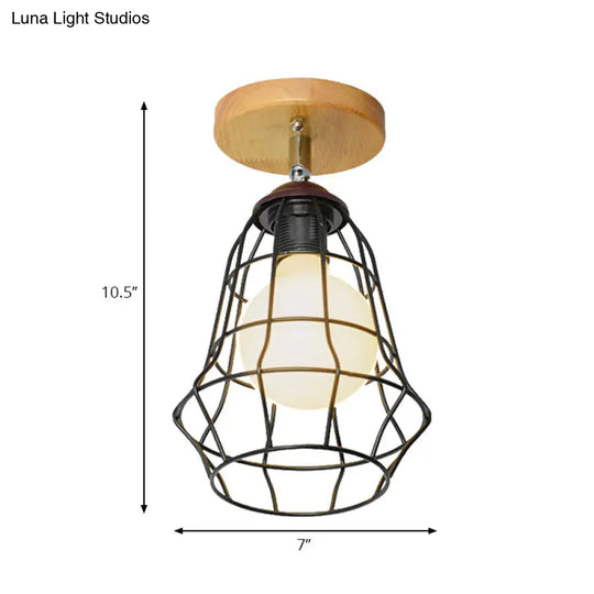Retro Industrial Metal Semi Flush Light: Mini Triangle/Urn Design With Wire Guard - 1 Head Bedroom