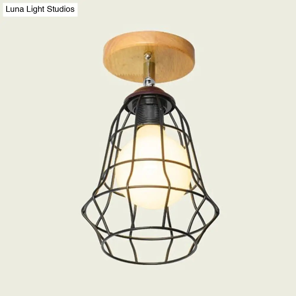 Retro Industrial Metal Semi Flush Light: Mini Triangle/Urn Design With Wire Guard - 1 Head Bedroom