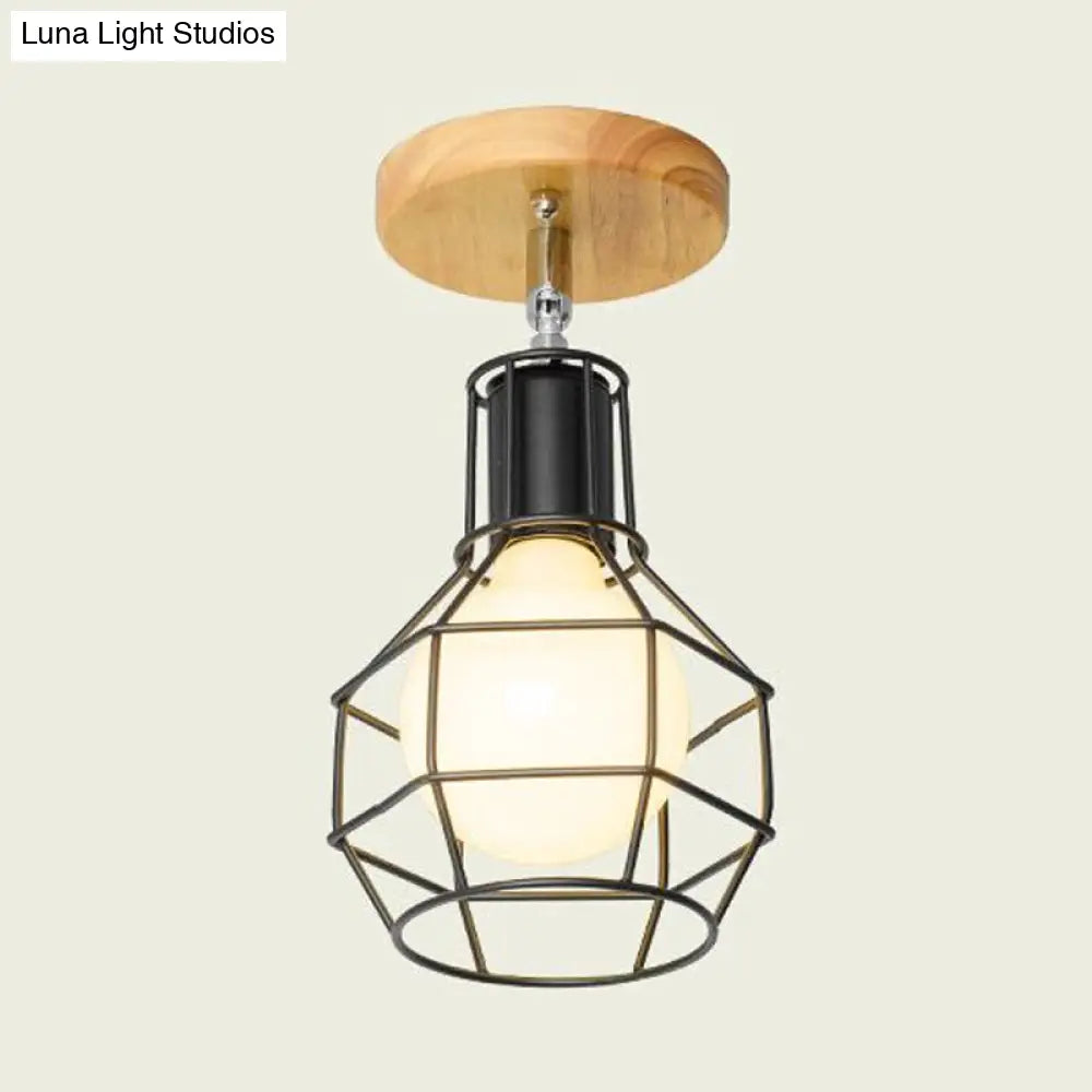 Retro Industrial Metal Semi Flush Light: Mini Triangle/Urn Design With Wire Guard - 1 Head Bedroom