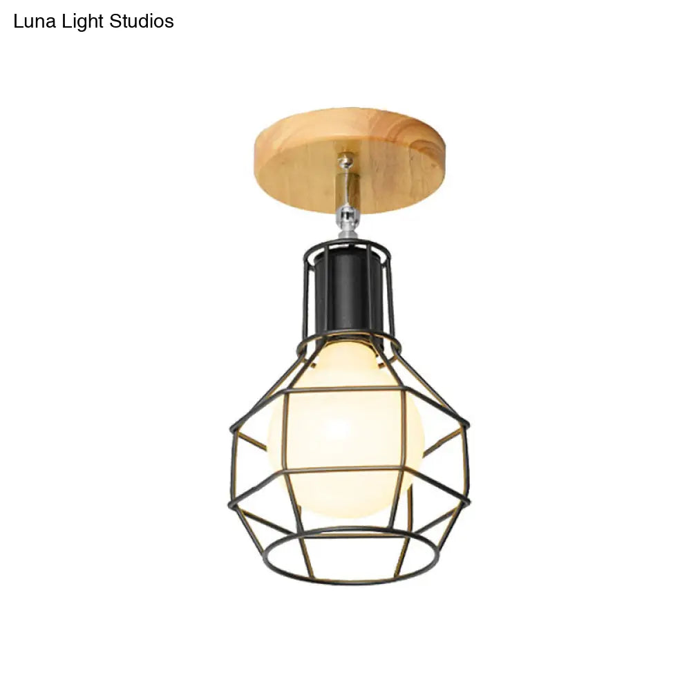 Retro Industrial Metal Semi Flush Light: Mini Triangle/Urn Design With Wire Guard - 1 Head Bedroom