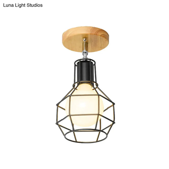 Retro Industrial Metal Semi Flush Light: Mini Triangle/Urn Design With Wire Guard - 1 Head Bedroom