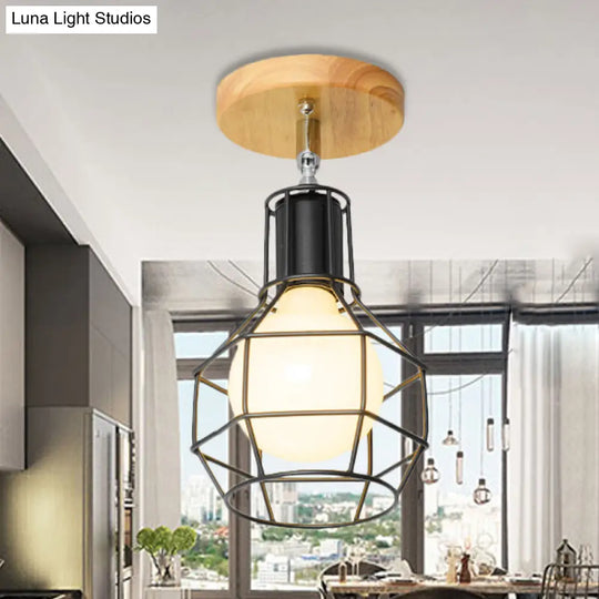 Retro Industrial Metal Semi Flush Light: Mini Triangle/Urn Design With Wire Guard - 1 Head Bedroom
