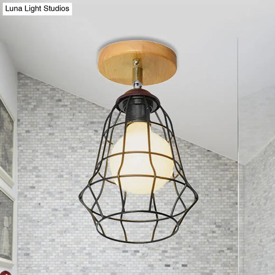 Retro Industrial Metal Semi Flush Light: Mini Triangle/Urn Design With Wire Guard - 1 Head Bedroom