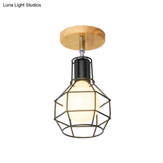 Retro Industrial Metal Semi Flush Light: Mini Triangle/Urn Design With Wire Guard - 1 Head Bedroom