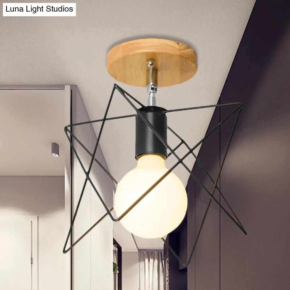 Retro Industrial Metal Semi Flush Light: Mini Triangle/Urn Design With Wire Guard - 1 Head Bedroom