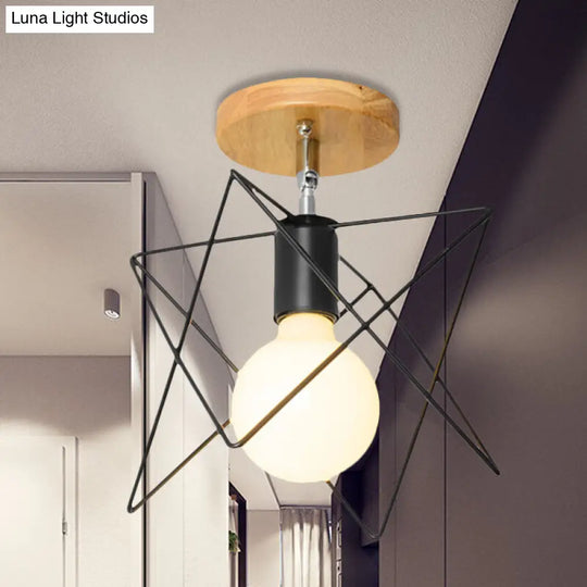 Retro Industrial Metal Semi Flush Light: Mini Triangle/Urn Design With Wire Guard - 1 Head Bedroom