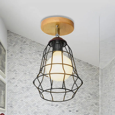 Retro Industrial Metal Semi Flush Light: Mini Triangle/Urn Design With Wire Guard - 1 Head Bedroom