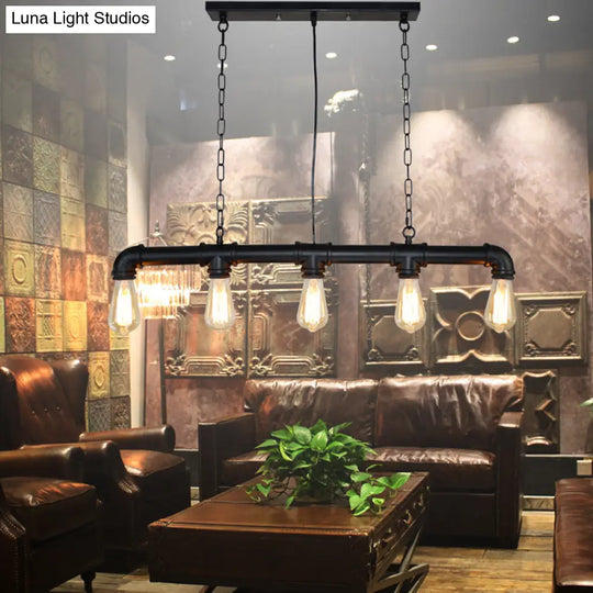 Retro Industrial Metal Tubular Island Pendant With Exposed Bulbs - 5-Light Lamp