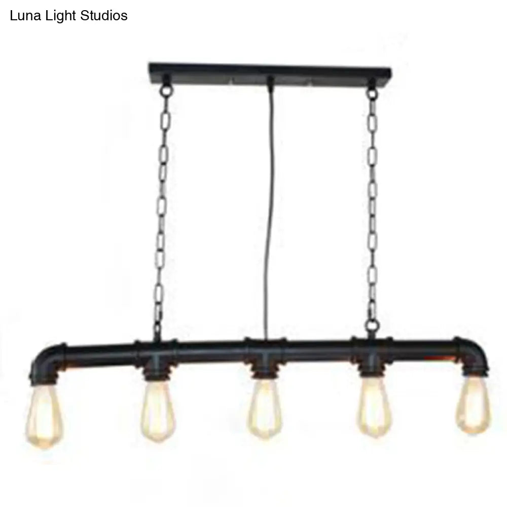 Retro Industrial Metal Tubular Island Pendant With Exposed Bulbs - 5-Light Lamp Black
